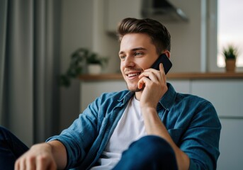 Handsome young man talking on the phone, smiling, close up, portrait