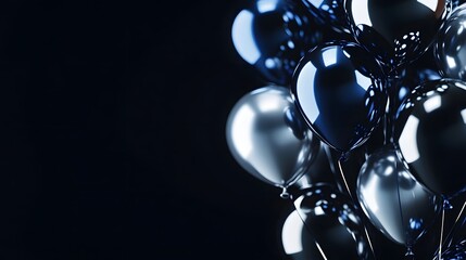 Shimmering midnight blue and silver balloons, a glamorous celebration, dark background. Elegant party decor.