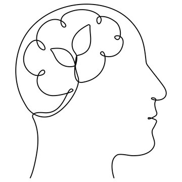 recommend clip art: Human head with leaves inside continuous line drawn. Mental health concept. Self care symbol. Vector illustration isolated on white.