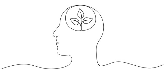 Human head with leaves inside continuous line drawn. Mental health concept. Self care symbol. Vector illustration isolated on white.