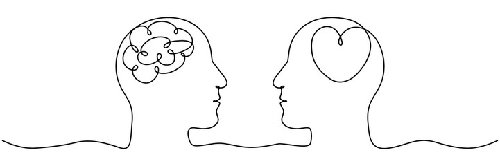 Human brain and heart inside heads continuous one line art drawing. Rationality with emotions connection concept. Psychology balance symbol. Vector illustration isolated on white.