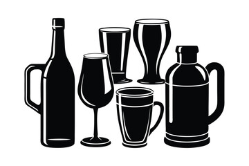 Elegant Champagne and Drinks Glasses Silhouette Set - Minimalist Black and White Vector for Barware, Celebration & Drink Icons