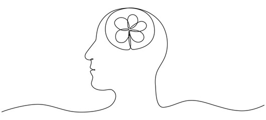 Human head with flower inside continuous line drawn. Mental health concept. Self care and love symbol. Vector illustration isolated on white.
