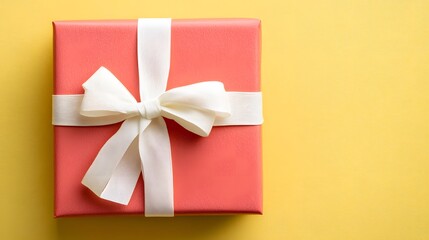 A coral gift box, elegantly tied with a pristine white ribbon, sits on a sunny yellow background.  A perfect present!