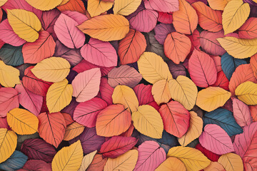 Fototapeta premium Vibrant illustration of colorful autumn leaves in shades of red orange yellow and pink forming a layered textured background 