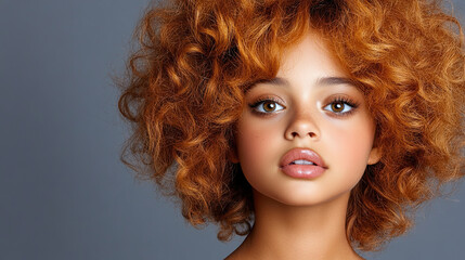 Fototapeta premium woman with textured hair and golden highlights, showcasing her natural beauty and confidence. Her expressive eyes and soft lips enhance her captivating look
