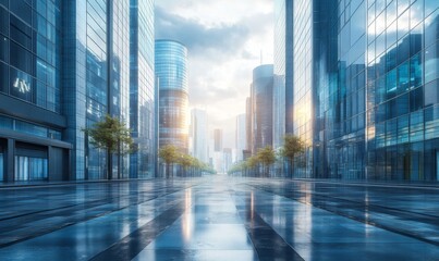 Obraz premium City street lined with modern glass and steel office towers, corporate urban environment, 3D illustration