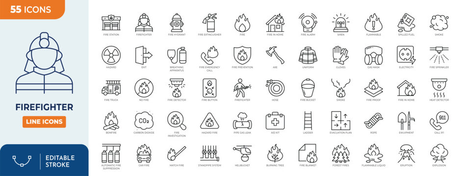 Firefighter icon set. Contain icons related to Fire department, fire, hose, firefighter, extinguisher, burning house, and more. Outline Icon Collection. Vector illustration. Editable stroke	