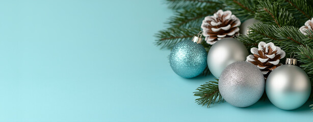 Light pink and silver Christmas decorations, snowflakes and a small Christmas tree. Horizontal Christmas background with copy space for greeting cards,poster, New Year festive design. 