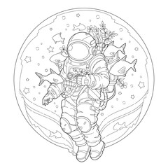 Fantasy astronaut is floating in a bubble of water with fish. Learning and education coloring page illustration for adult and children. Vector outline style, black and white drawing.