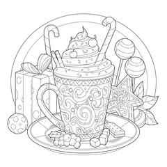 Chocolate ice cream with candy and gift boxes for winter season. Learning and education coloring page illustration for adult and children. Vector outline style, black and white drawing.