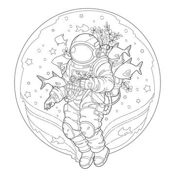 Fantasy astronaut is floating in a bubble of water with fish. Learning and education coloring page illustration for adult and children. Vector outline style, black and white drawing.