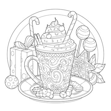 Chocolate ice cream with candy and gift boxes for winter season. Learning and education coloring page illustration for adult and children. Vector outline style, black and white drawing.