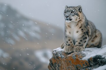 Fototapeta premium Snow leopard sitting on a rock during snowfall in the mountains