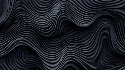 Abstract black fabric texture with wavy lines creating a dynamic ripple effect, showcasing a smooth, seamless, and fluid design pattern.