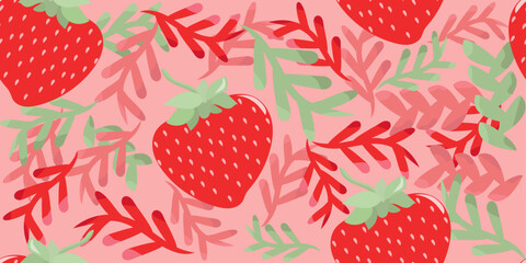 Strawberry horisontal seamless pattern with decor colorful leaves on pink background. Delicious berry. Vector hand drawn illustration for cards, business, banners, textile, wallpaper, wrapping	