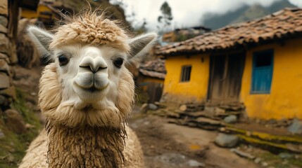 Close-up of a white alpaca with a yellow building in the background.