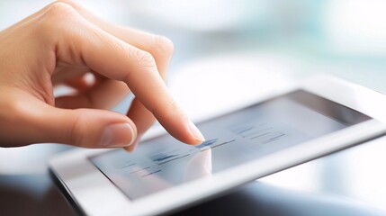 Fototapeta premium A symbolic close-up of a hand tapping on a tablet with strategic graphs on the screen, illustrating the integration of technology in business. The shot captures industrial office elements in the