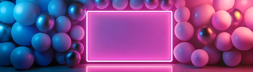Fototapeta premium Pink and Blue Balloons with Neon Frame