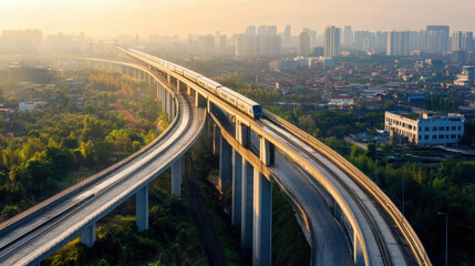 Fototapeta premium modern train travels on elevated track above cityscape, showcasing urban infrastructure and greenery. scene captures harmony between nature and development