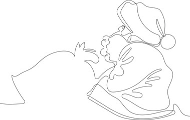 Outlined Cute Santa Claus Cartoon Character With A Sack Full Of Gifts. Vector Hand Drawn Illustration. One continuous line drawing Santa Claus on reindeer and sled. concept for Christmas and New Year