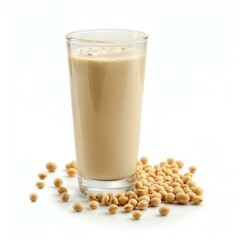 Glass of soy milk is standing on a white surface surrounded by soybeans