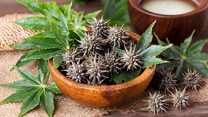 Spiky seeds of the Jatropha curcas plant in a wooden bowl, surrounded by leaves and a small bowl of oil.