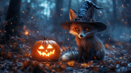 Fototapeta premium A Fox Dressed as a Witch with a Jack-o'-Lantern in a Forest