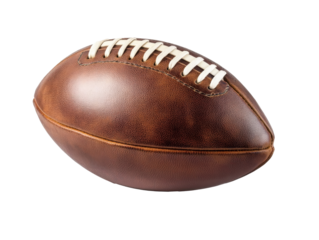Brown leather football on white backdrop, cut out transparent