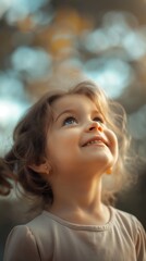 Fototapeta premium A candid shot of a young girl gazing upwards with an expression of joy and curiosity. The soft, warm background adds a dreamy, autumnal atmosphere, highlighting the innocence and wonder of childhood.