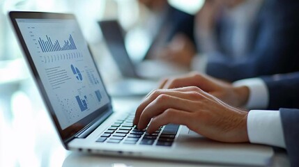 Fototapeta premium An extreme close-up of a professional's fingers typing on a laptop with business charts on the screen. The background features blurred outlines of coworkers in discussion, emphasizing work focus