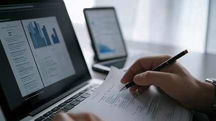 A macro shot of hands flipping through a financial report, with a laptop and a smartphone displaying business data in the background
