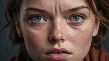 Obraz premium Portrait of a frustrated young woman with freckles pursed lips and an unhappy expression looking angry in a studio shot