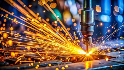Close-Up of Welding Torch Creating Sparks in Manufacturing Process, Capturing Industrial Craftsmanship and Precision in Action, Highlighting Safety and Techniques in Metal Fabrication