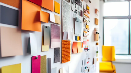 Wall filled with colorful samples of fabric, paint, and paper for interior design inspiration.
