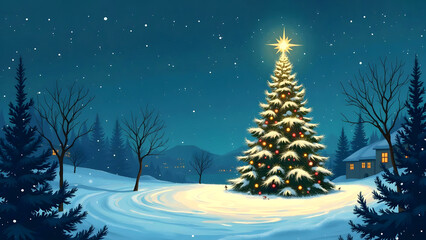 Obraz premium Christmas tree in the snowy forest on a moonlit night