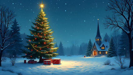 Christmas tree in the snowy forest on a moonlit night