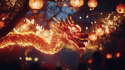 Fototapeta premium Enchanting nighttime dragon dance parade with vibrant lanterns for festive celebration
