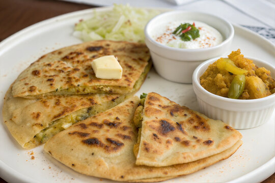 Aloo Paratha / Indian Potato stuffed Flatbread. Served with fresh curd and tomato ketchup.