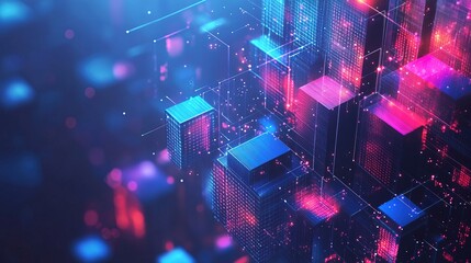 Naklejka premium Blockchain concept banner. Isometric digital blocks connection