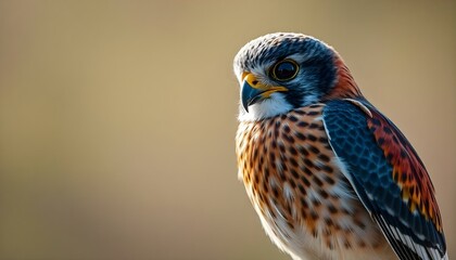 Obraz premium Detailed portrait of a female American kestrel with colorful plumage on a wire