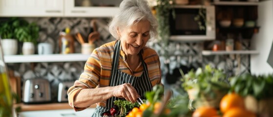Obraz premium Elderly woman in a striped apron happily cutting vegetables in a bright, homey kitchen. Carrots, tomatoes, and various kitchen tools present, exuding warmth and healthy vibes.