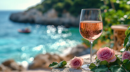 Glass of rose wine on terrace with view on sea.