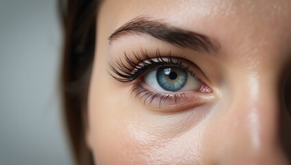 Naklejka premium Close-up portrait of an alluring woman with a captivating blue eye and long lashes