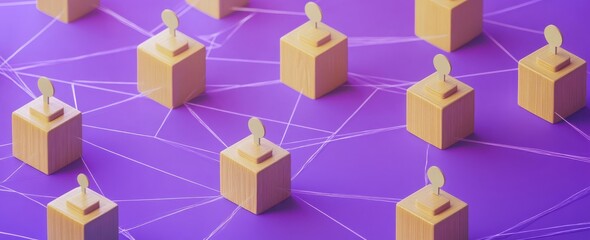 Obraz premium Wooden blocks with human icons connected by lines on purple background, symbolizing networking and communication