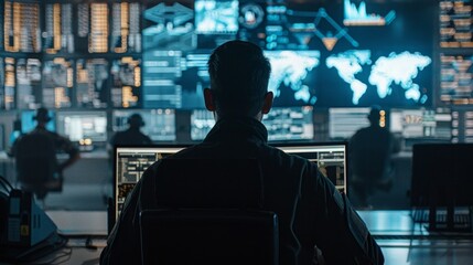 A man is surrounded by computer monitors displaying data, maps, and charts in a collaborative setting, suggesting an intense focus on analysis and decision-making.