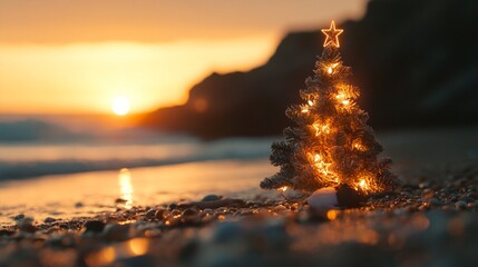 Festive illuminated Christmas tree on a pebble beach at sunset, with golden light reflecting off...