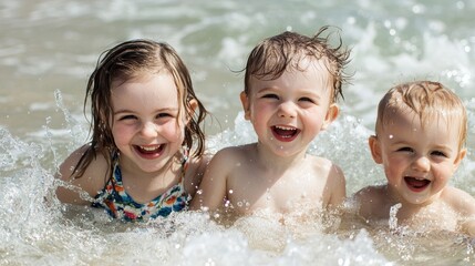 Three joyful kids splash in the water, enjoying a fun day at the beach, embodying the spirit of summer and happiness.