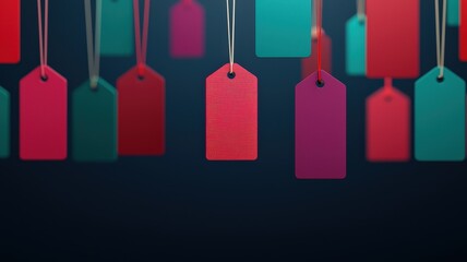 A vibrant collection of colorful tags, featuring a distinctive red tag prominently displayed among green and purple tags, set against a dark background.
