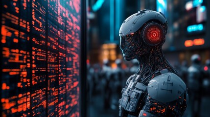 A humanoid robot examining a screen of glowing red code.